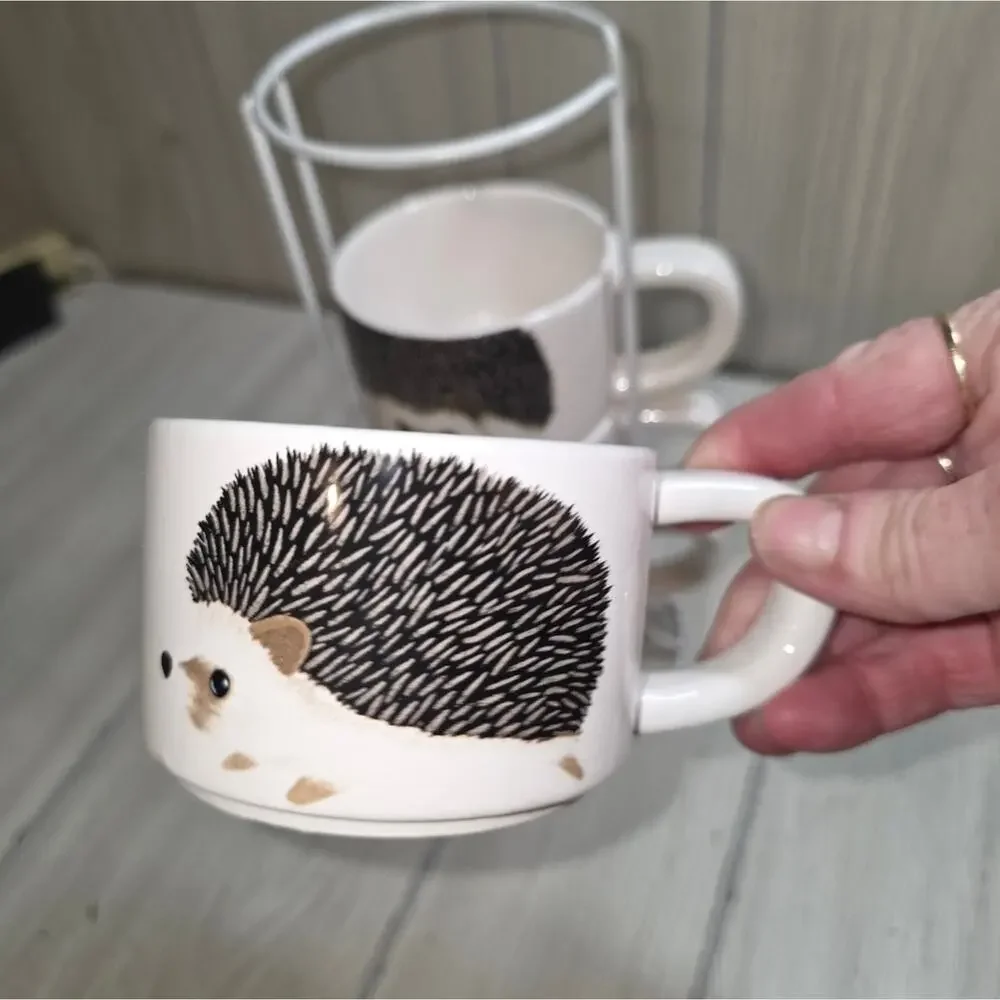 DEI Stackable Hedgehog Coffee Mugs With Stand Cute Animal Set Of 4